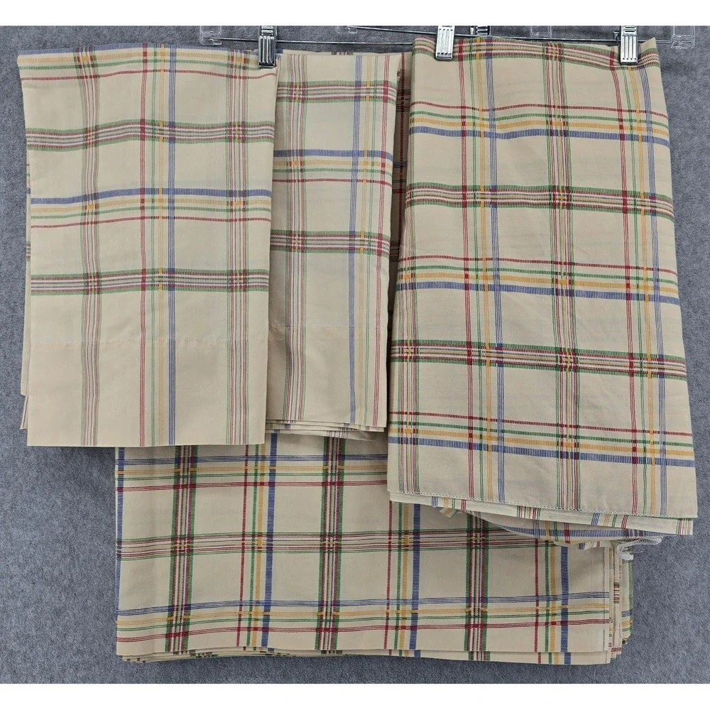 Vtg Burlington Plaid Print Full Double Sheet Set 4 Piece Multicolor EUC Sewing